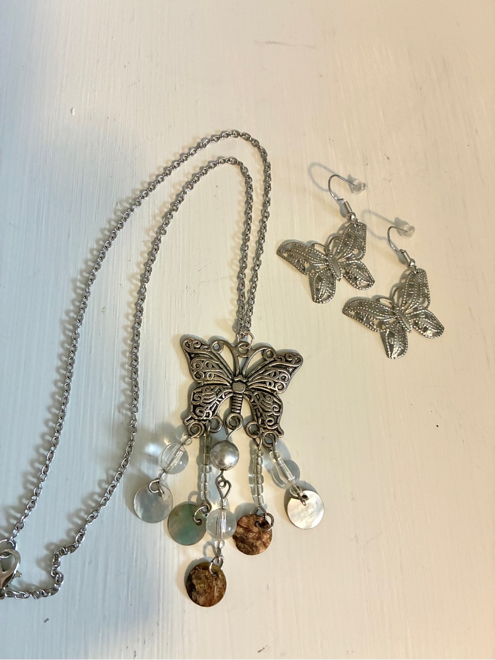 Vintage Butterfly Necklace Dangle Shell Accents and Filigree Earrings